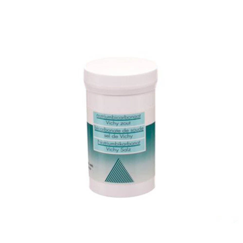 Récipient cylindrique blanc avec étiquette bleue. Inscriptions : Natriumbicarbonaat, Vichy zout, Bicarbonate de soude, Sel de Vichy, Natriumbikarbonat, Vichy Salz.