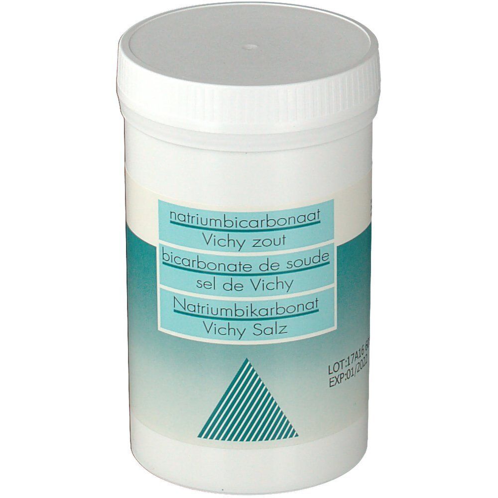 Récipient cylindrique blanc avec étiquette bleue. Inscriptions : Natriumbicarbonaat, Vichy zout, Bicarbonate de soude, Sel de Vichy, Natriumbikarbonat, Vichy Salz.