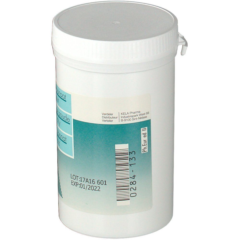 Récipient cylindrique blanc avec étiquette bleue et code-barres. Inscription : KELA Pharma. Numéro de lot et date d'expiration également visibles.