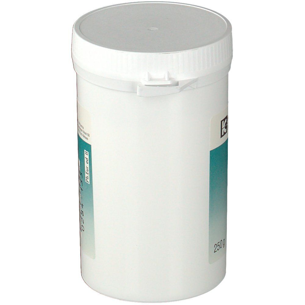 Récipient cylindrique blanc avec couvercle. Une étiquette bleue est présente sur le côté. Inscription : 250 g.