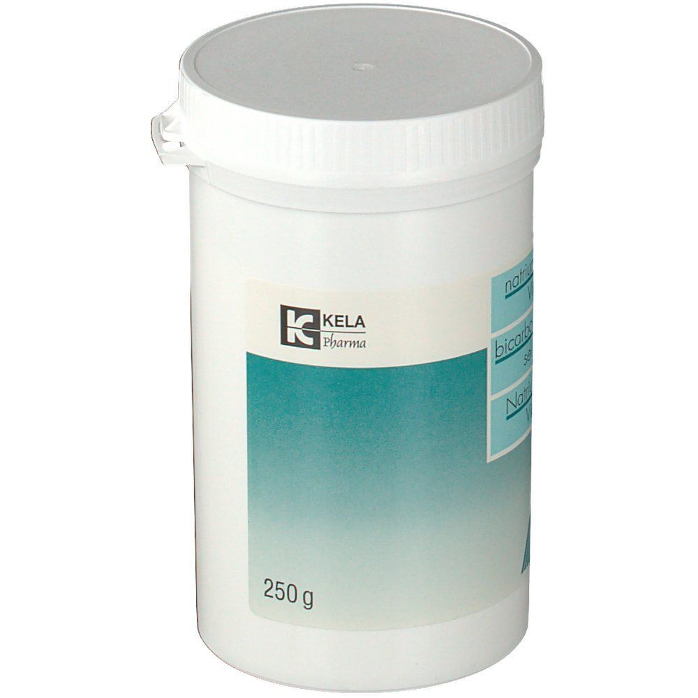 Récipient cylindrique blanc avec couvercle. Une étiquette bleue est présente sur le côté. Inscriptions : KELA Pharma, 250 g.
