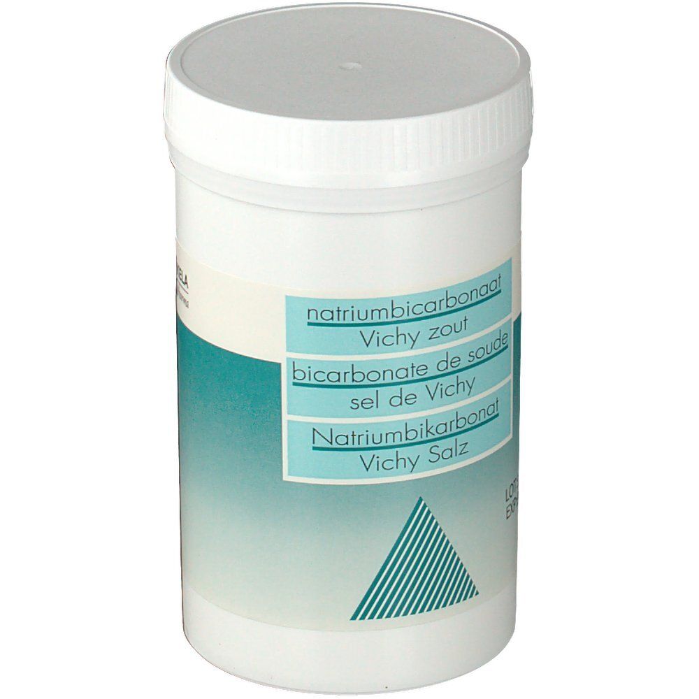 Récipient cylindrique blanc avec étiquette bleue. Inscriptions : Natriumbicarbonaat, Vichy zout, Bicarbonate de soude, Sel de Vichy, Natriumbikarbonat, Vichy Salz.