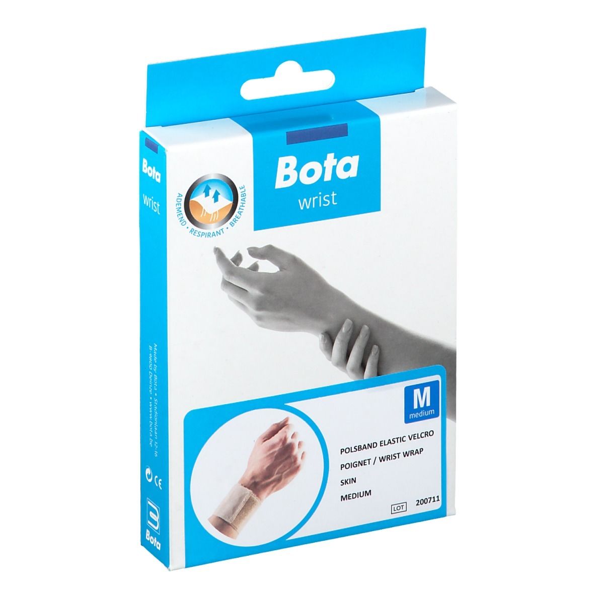 Boîte Bota Wrist Bandage Velcro M. Emballage bleu et blanc avec image du produit et taille M.