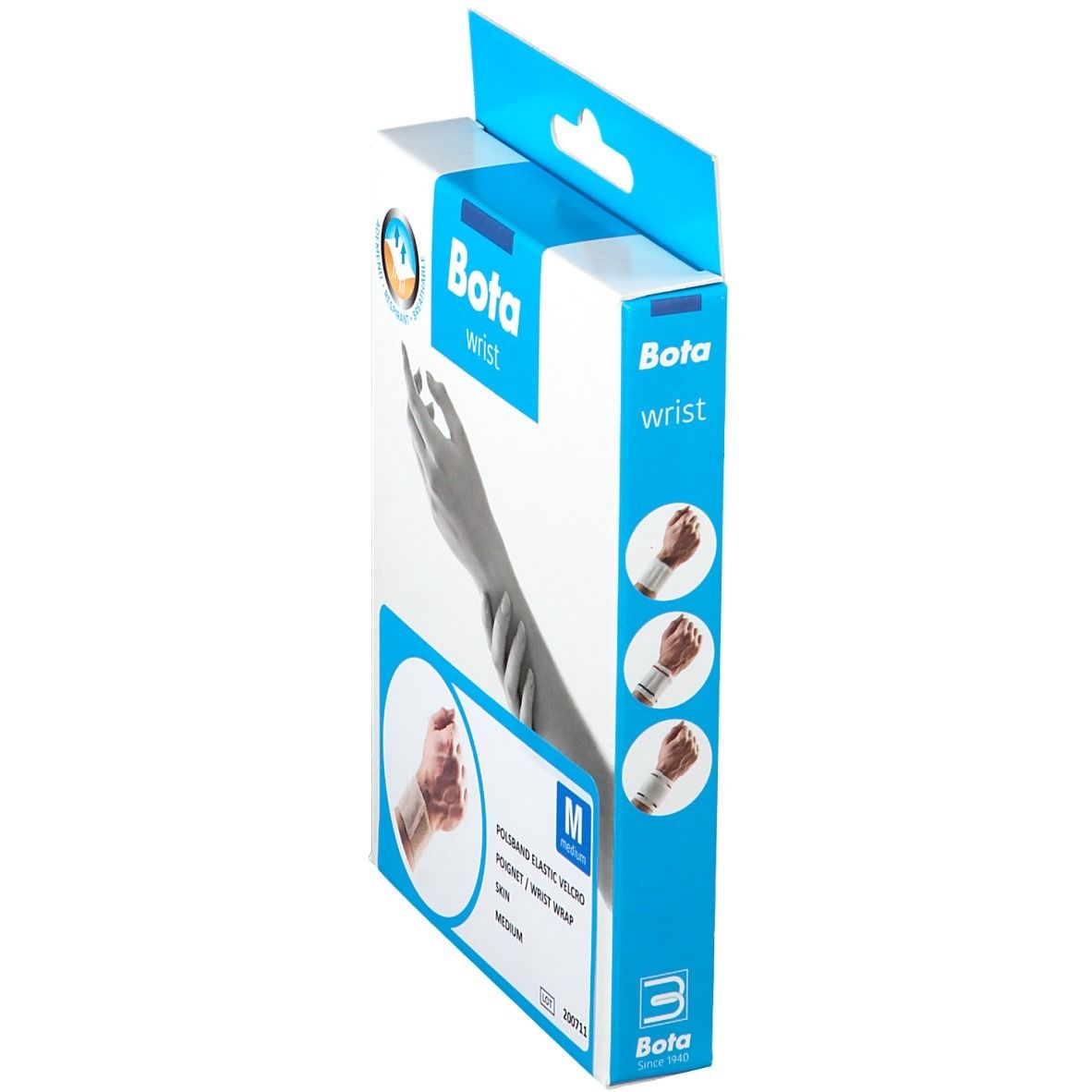 Vue latérale de la boîte Bota Wrist Bandage Velcro M. Image du produit et indication de taille M.