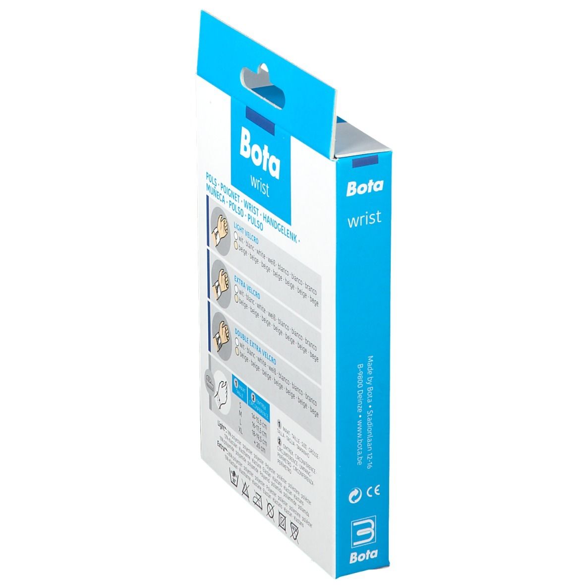 Vue latérale de la boîte Bota Wrist Bandage Velcro M. Informations sur le produit et indications de taille.