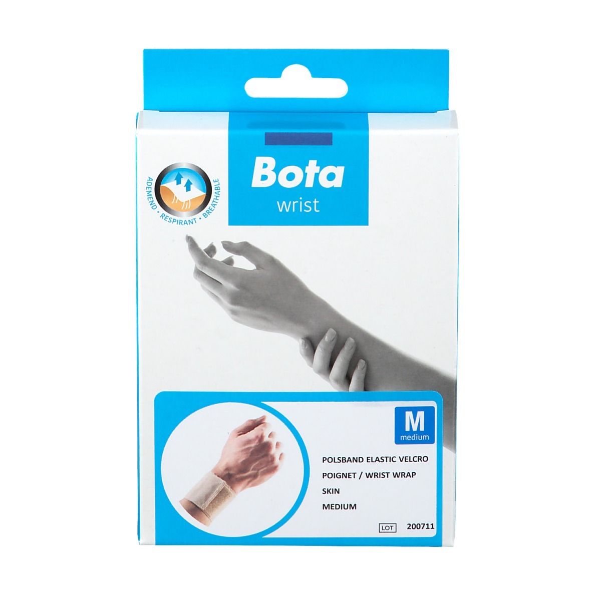 Boîte Bota Wrist Bandage Velcro M. Emballage bleu et blanc avec image du produit et taille M.