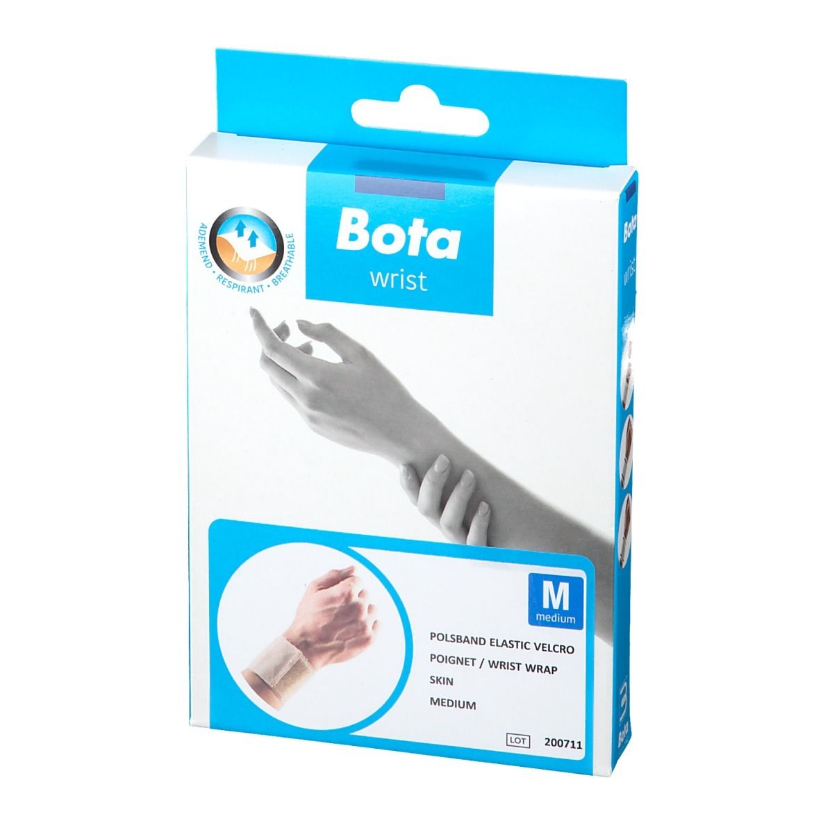 Boîte Bota Wrist Bandage Velcro M. Emballage bleu et blanc avec image du produit et taille M.