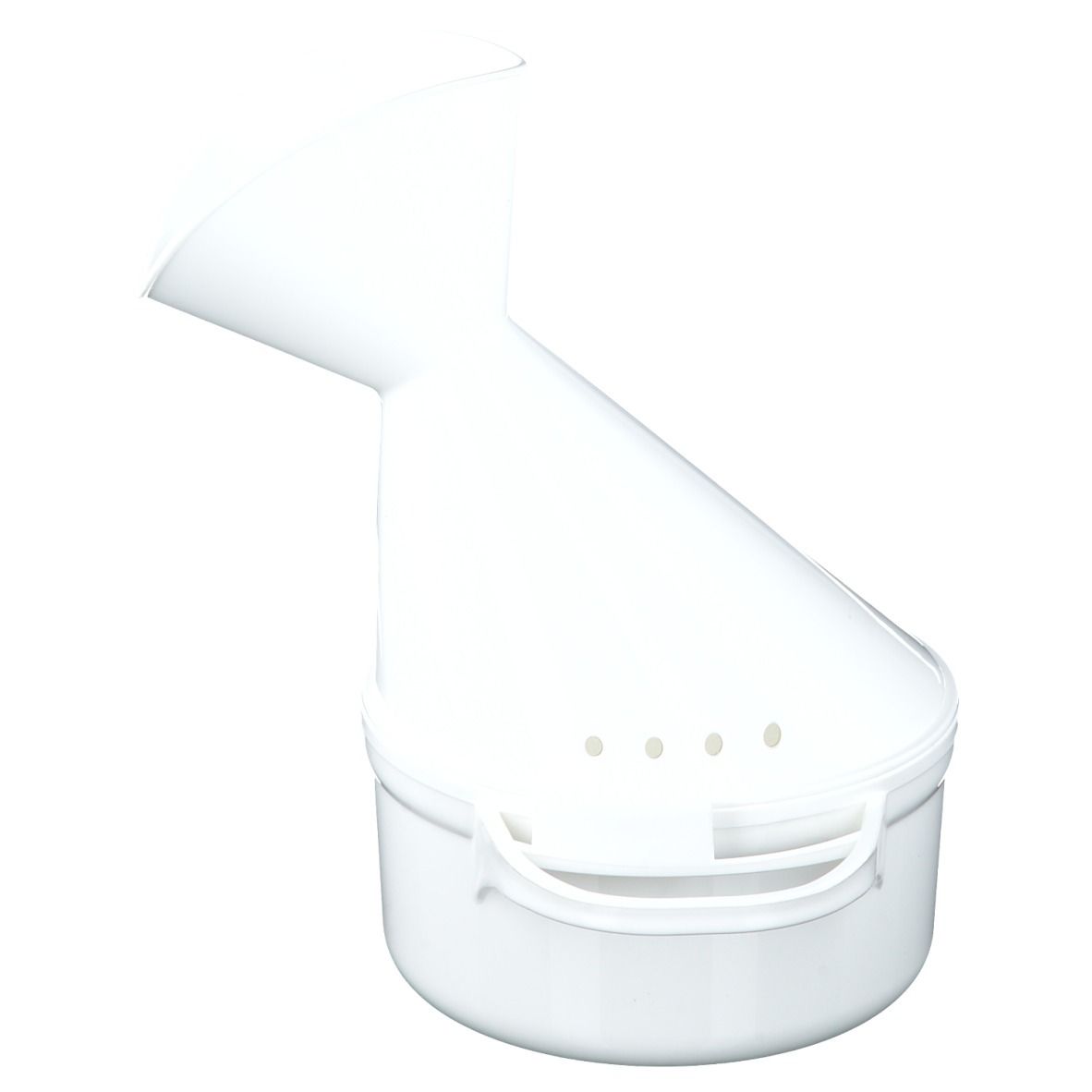 Inhalateur blanc, composé d'un récipient avec poignée et d'un embout avec sortie. Quatre petits trous.
