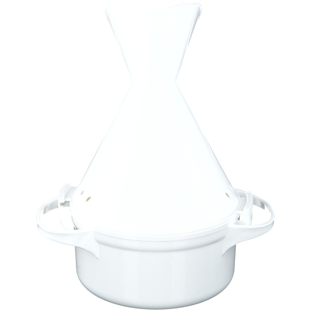 Inhalateur blanc, composé d'un récipient avec poignées et d'un embout conique. Vue de face.