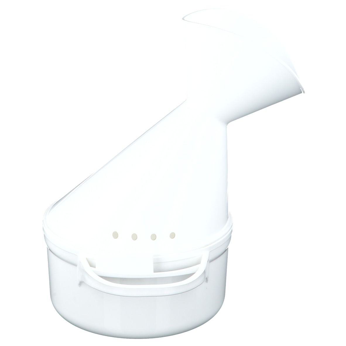Inhalateur blanc, composé d'un récipient avec poignée et d'un embout avec sortie. Quatre petits trous.