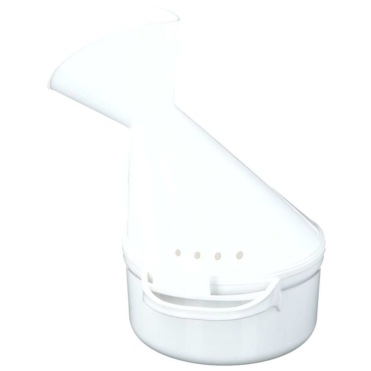 Inhalateur blanc, composé d'un récipient avec poignée et d'un embout avec sortie. Quatre petits trous.