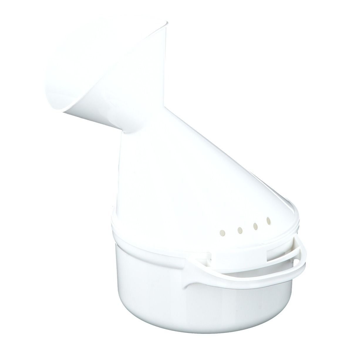 Inhalateur blanc, composé d'un récipient avec poignée et d'un embout avec sortie. Quatre petits trous.