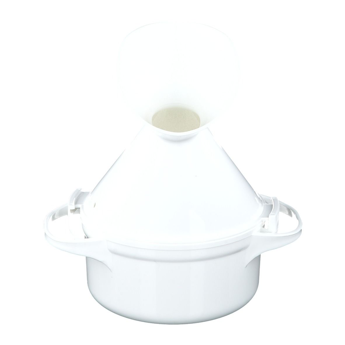 Inhalateur blanc, composé d'un récipient avec poignées et d'un embout conique. Vue de face.