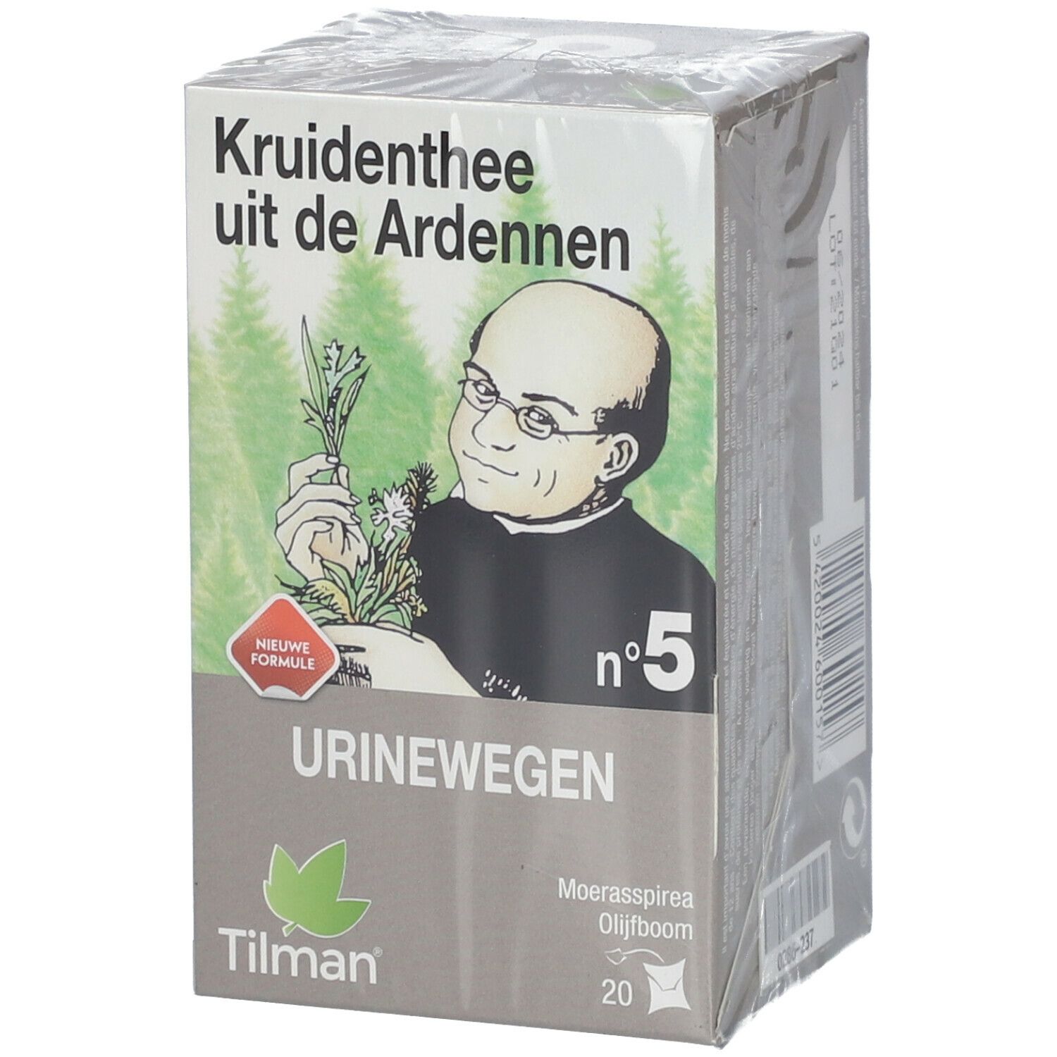 Tisane des Ardennes n°5 Urinaire. Boîte avec illustration d'un homme et des herbes. Marque Tilman.