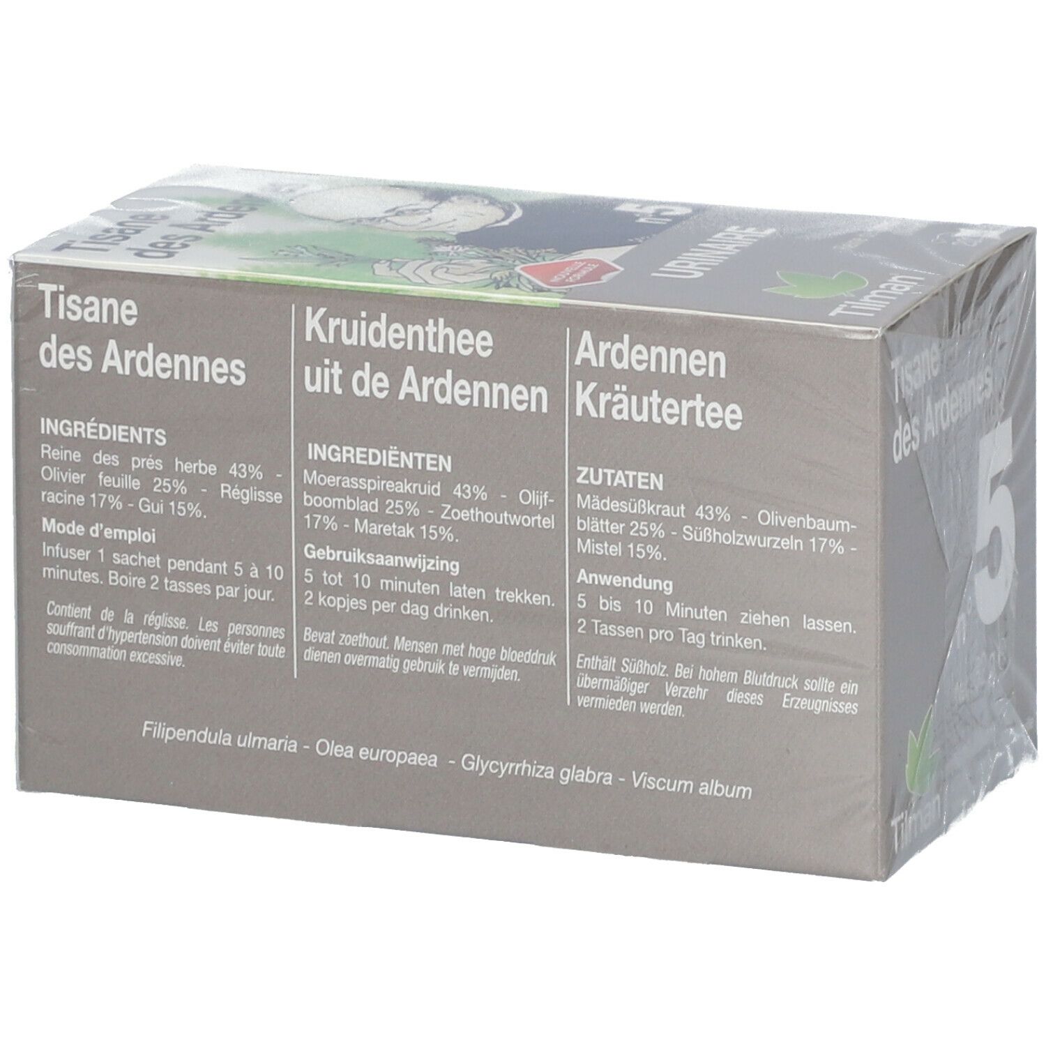 Tisane des Ardennes n°5 Urinaire. Boîte avec liste des ingrédients. Marque Tilman. 20 sachets.