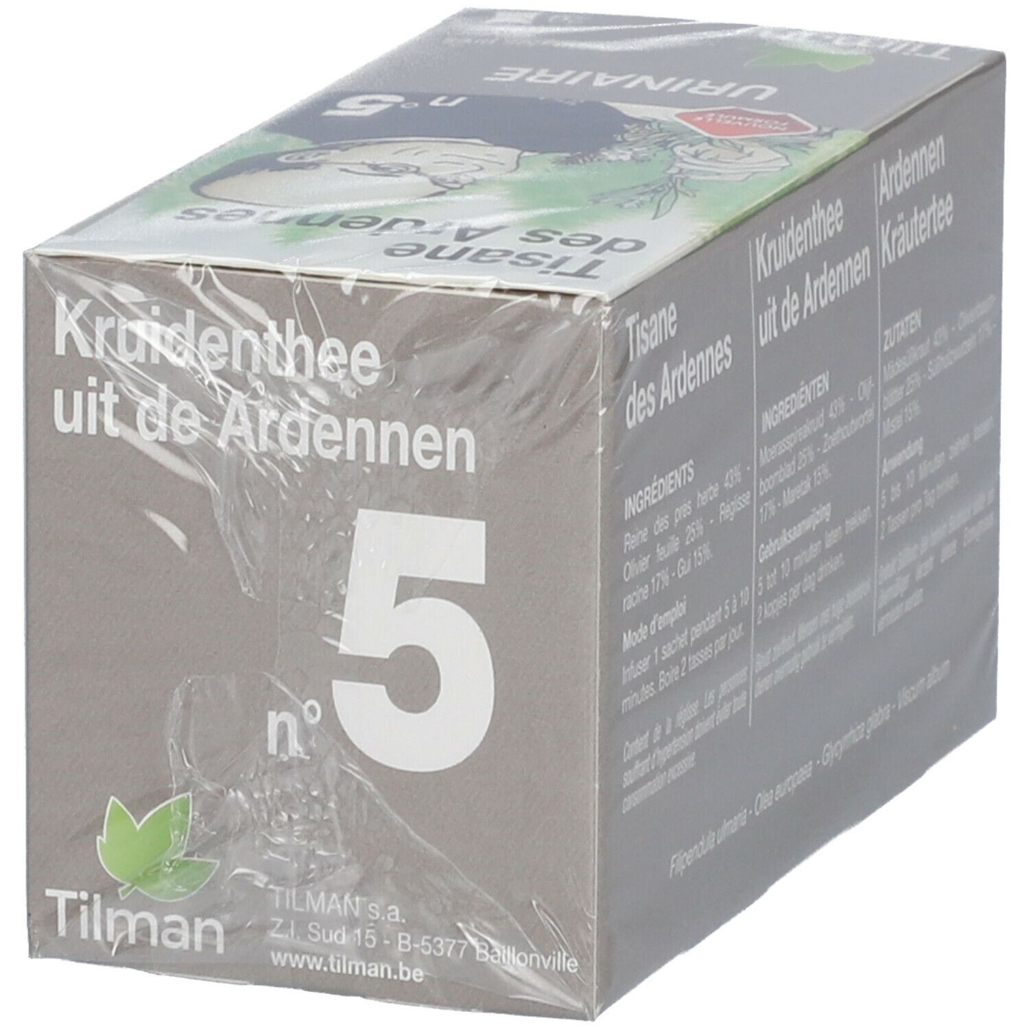 Tisane des Ardennes n°5 Urinaire. Boîte avec liste des ingrédients. Marque Tilman. 20 sachets.
