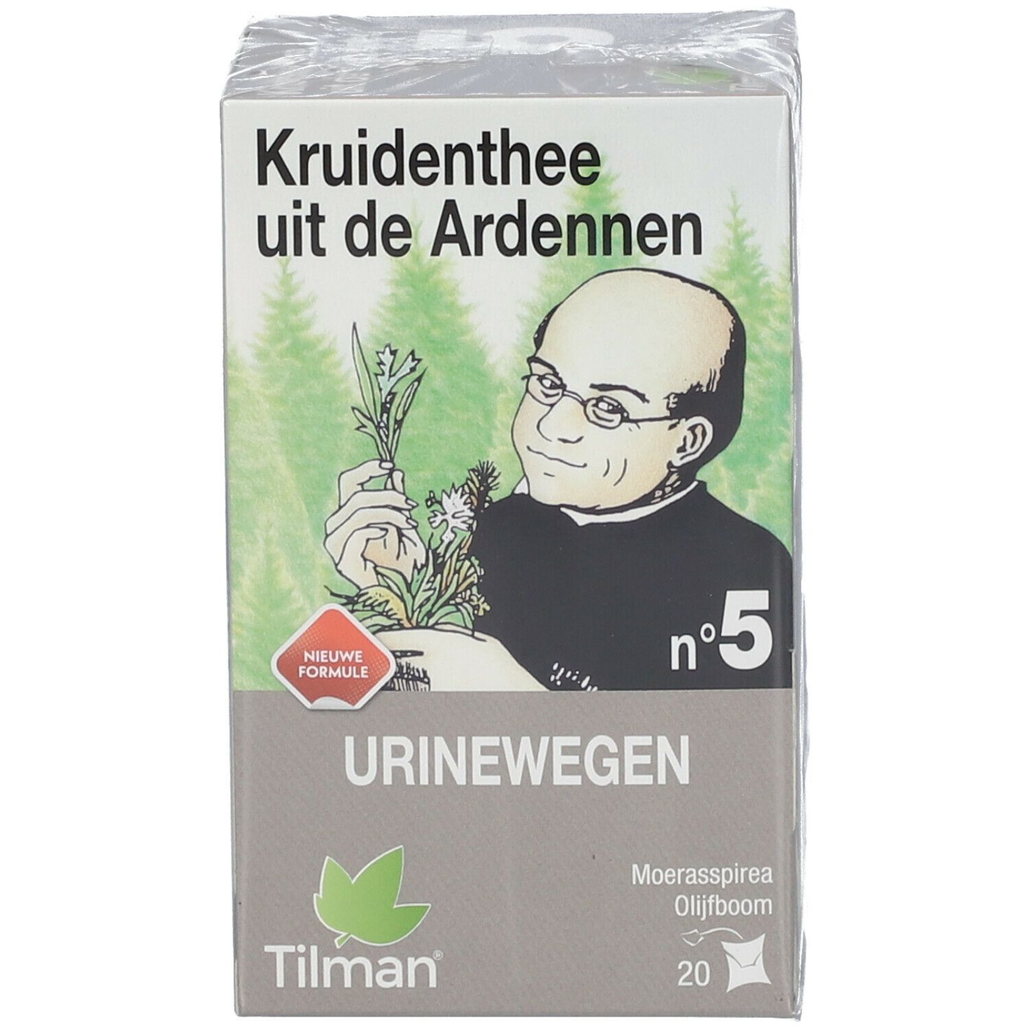 Tisane des Ardennes n°5 Urinaire. Boîte avec illustration d'un homme et des herbes. Marque Tilman. 20 sachets.