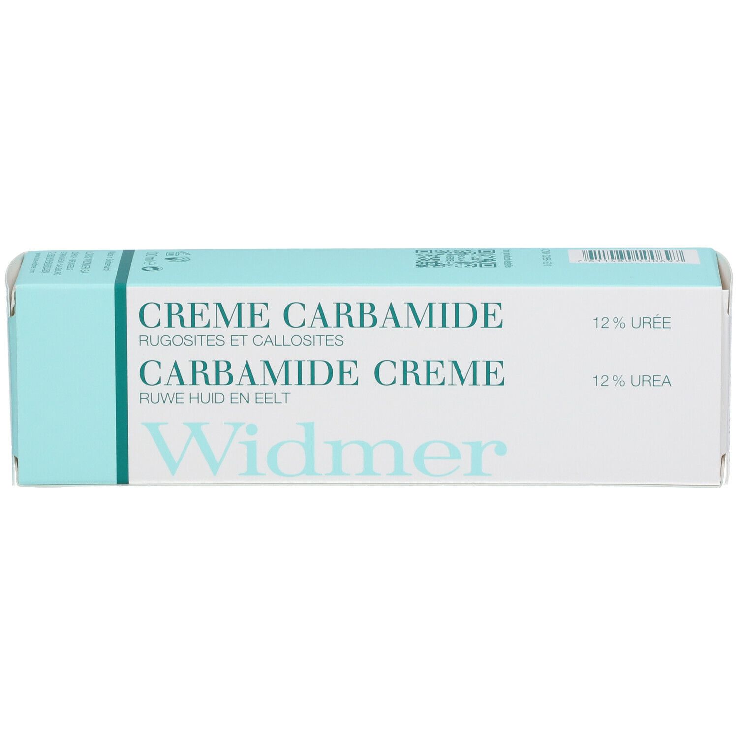 Kartonverpackung mit Aufschrift 'Carbamid Creme' und 'Widmer'. Türkis-weiße Farbgebung. Enthält 12% Urea.