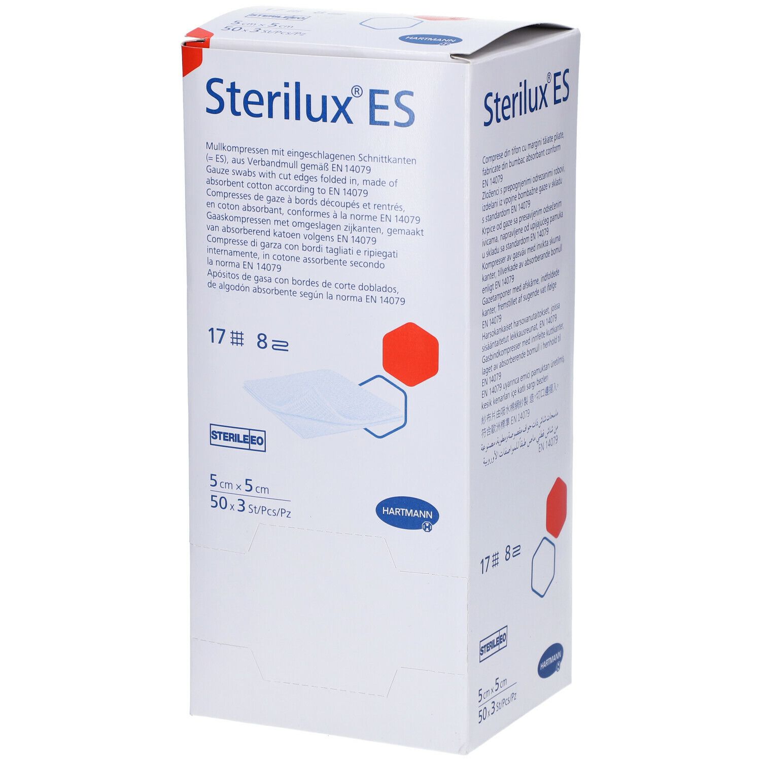 Emballage de Sterilux® ES. Inscriptions : nom du produit, taille, logo. Contient des compresses de gaze à bords coupés.