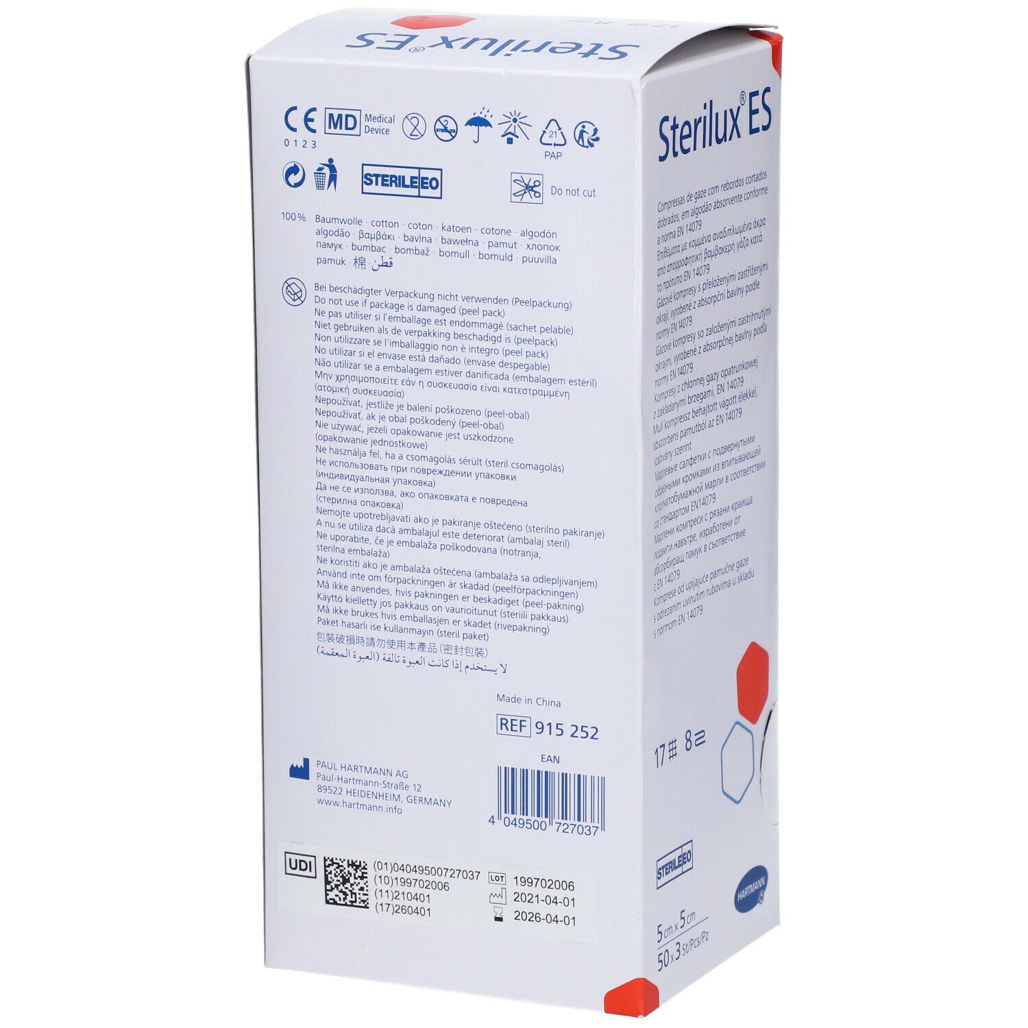 Dos de l'emballage de Sterilux® ES. Inscriptions : informations sur le produit, logos, numéro de lot, code UDI, fabricant.