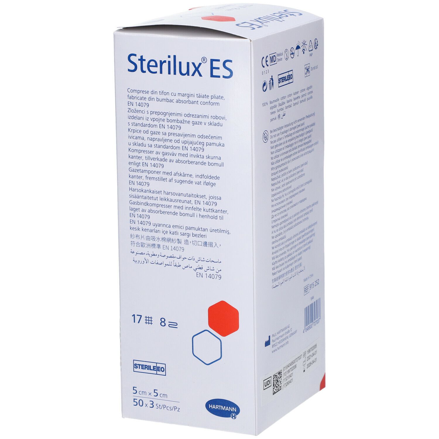 Emballage de Sterilux® ES. Inscriptions : nom du produit, taille, logo. Contient des compresses de gaze à bords coupés.
