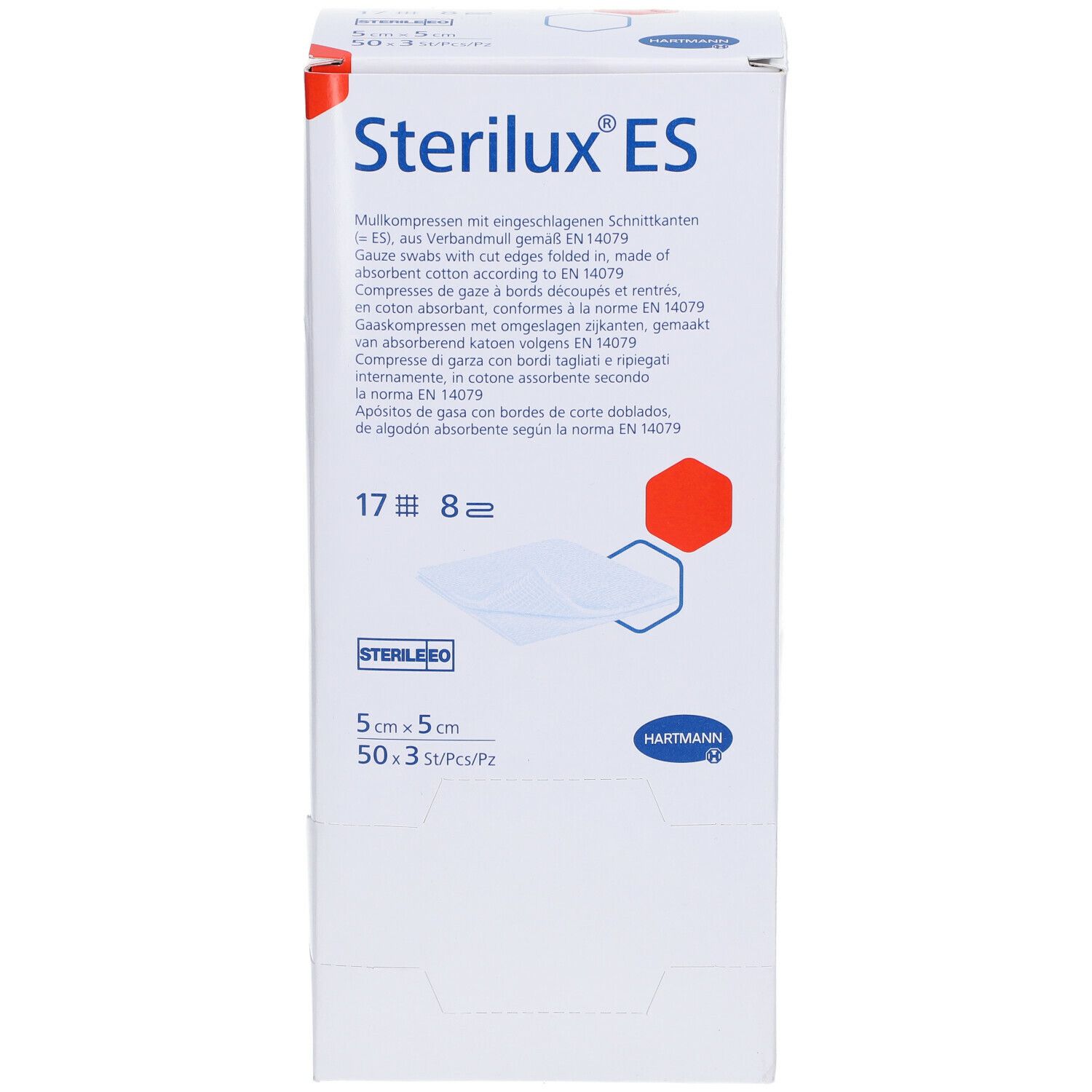 Emballage de Sterilux® ES. Inscriptions : nom du produit, taille, logo. Contient des compresses de gaze à bords coupés.