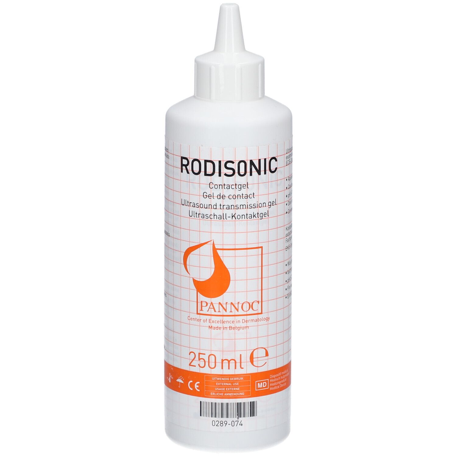 Flacon blanc de gel de contact RODISONIC. Bande orange en bas. 250 ml. Logo PANNOC. Texte en allemand, anglais, français.