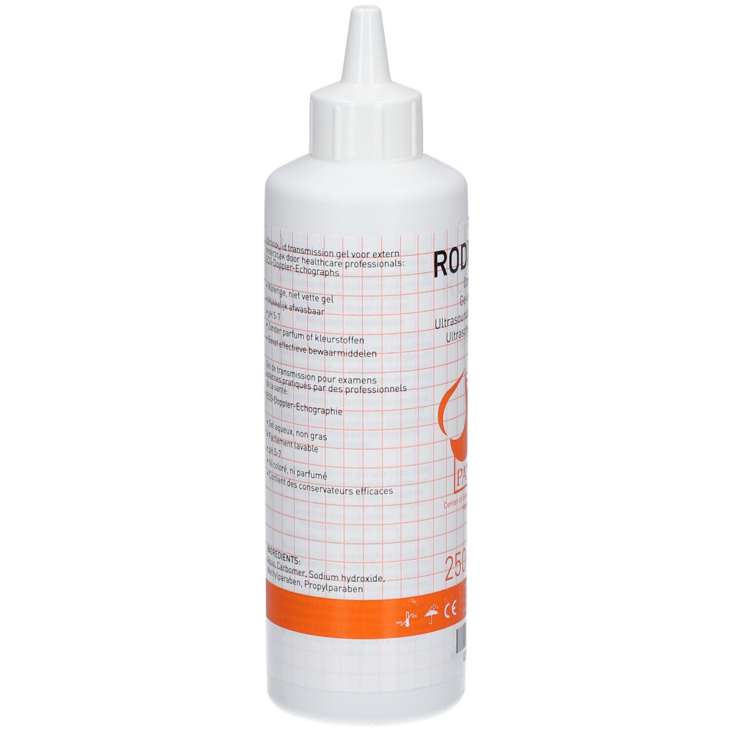Dos du flacon blanc de gel de contact RODISONIC. Texte multilingue. Bande orange en bas. Ingrédients.