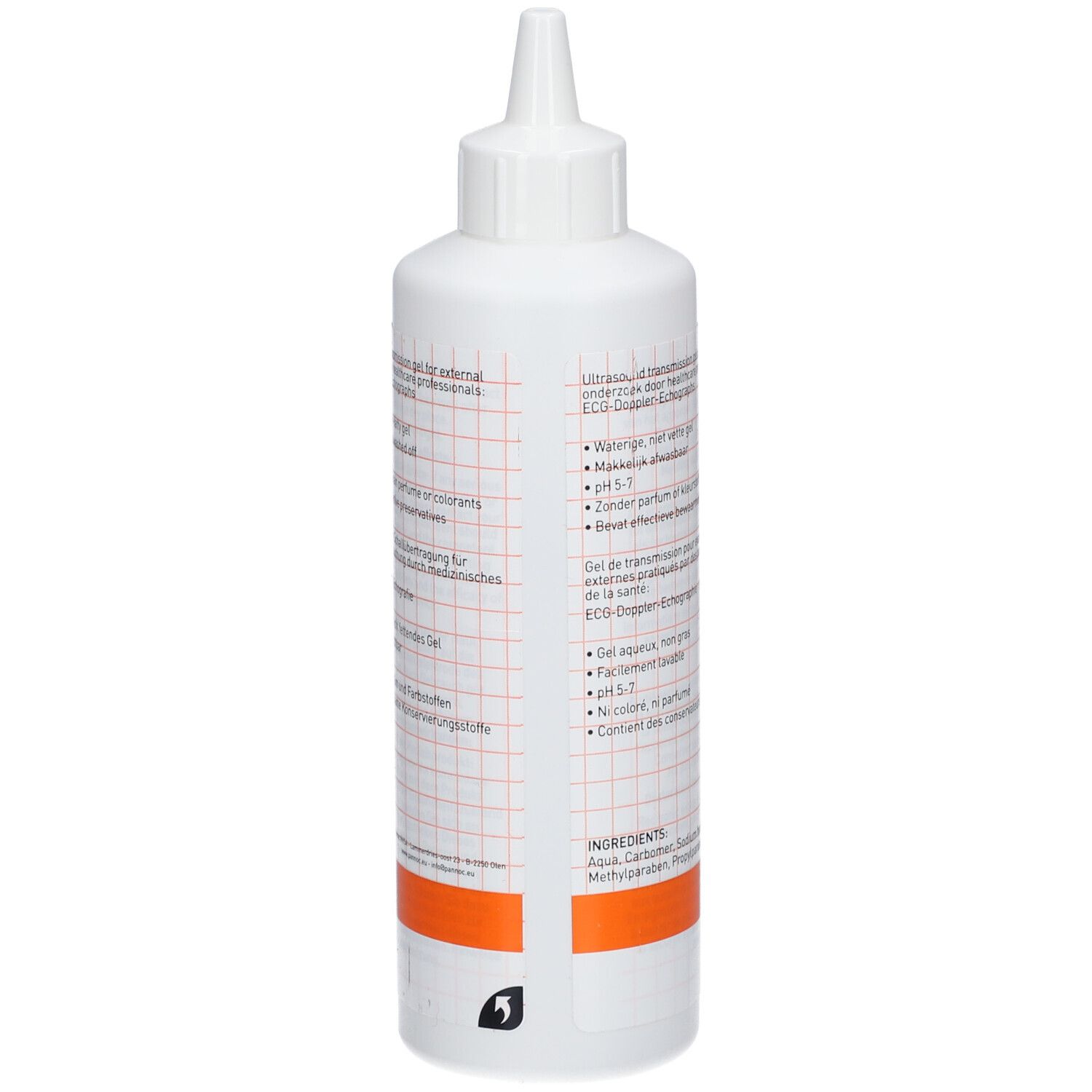 Dos du flacon blanc de gel de contact RODISONIC. Texte multilingue. Bande orange en bas. Ingrédients.