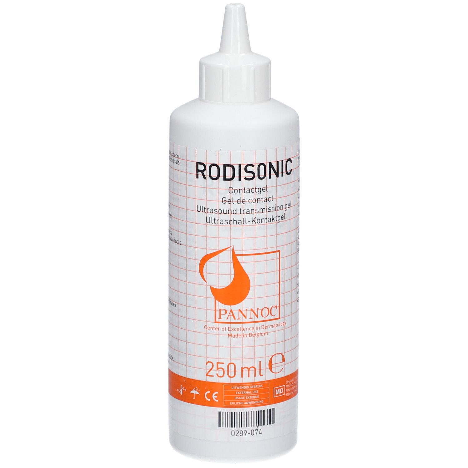 Flacon blanc de gel de contact RODISONIC. Bande orange en bas. 250 ml. Logo PANNOC. Texte en allemand, anglais, français.
