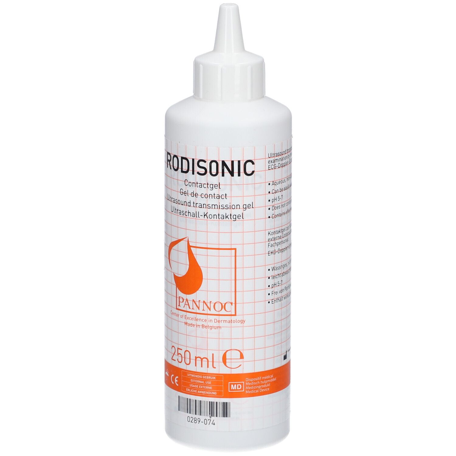 Flacon blanc de gel de contact RODISONIC. Bande orange en bas. 250 ml. Logo PANNOC. Texte en allemand, anglais, français.