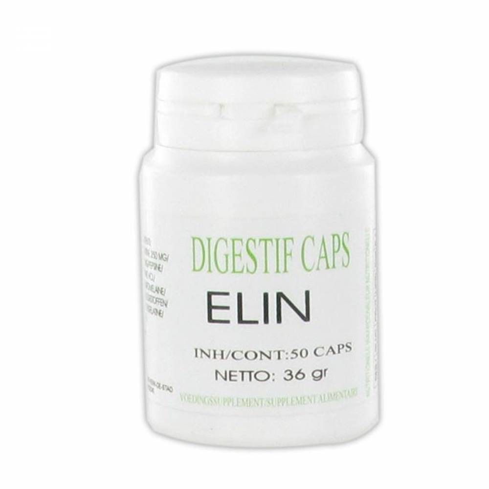 Flacon blanc avec impression verte. Inscription : DIGESTIF CAPS ELIN, 50 gélules, 36 g.