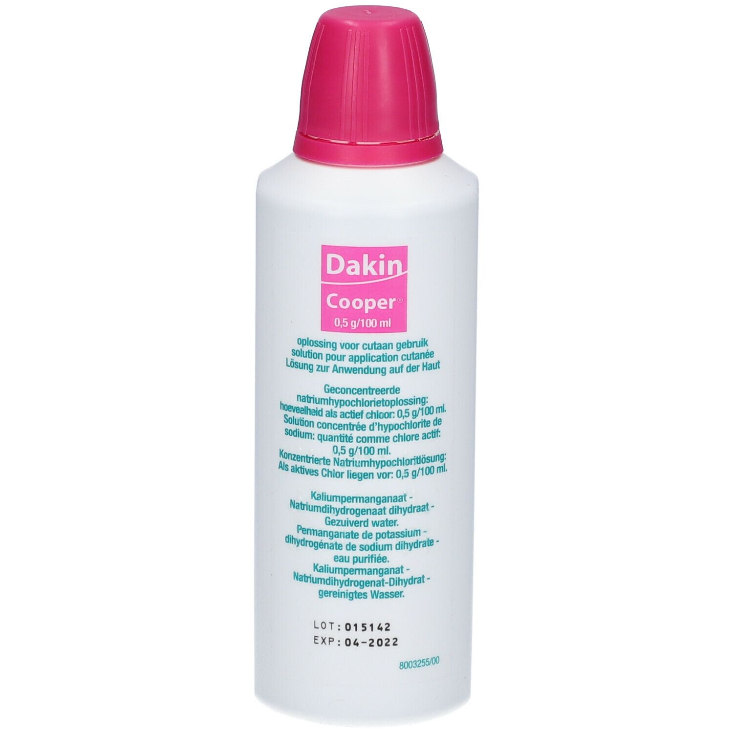Witte fles met roze dop. Label Dakin Cooper. Meertalige tekst.