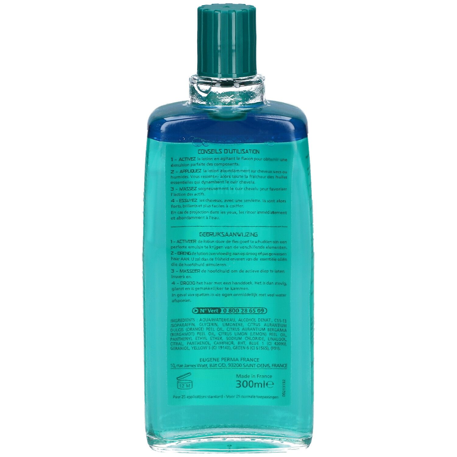 Achterkant van een turquoise fles. Bevat informatie over gebruik en ingrediënten. Volume: 300ml.