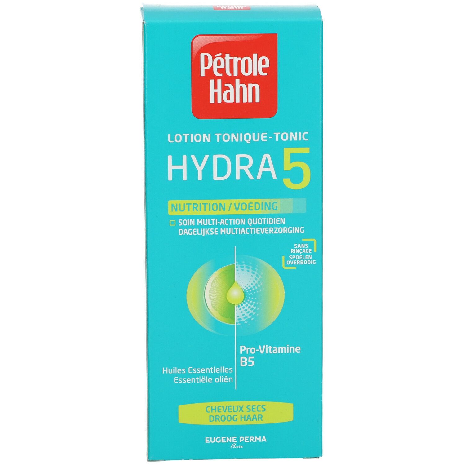 Productverpakking. Opschrift: Pétrole Hahn, Hydra 5, Lotion Tonique-Tonic. Voor droog haar. Bevat Pro-Vitamine B5.