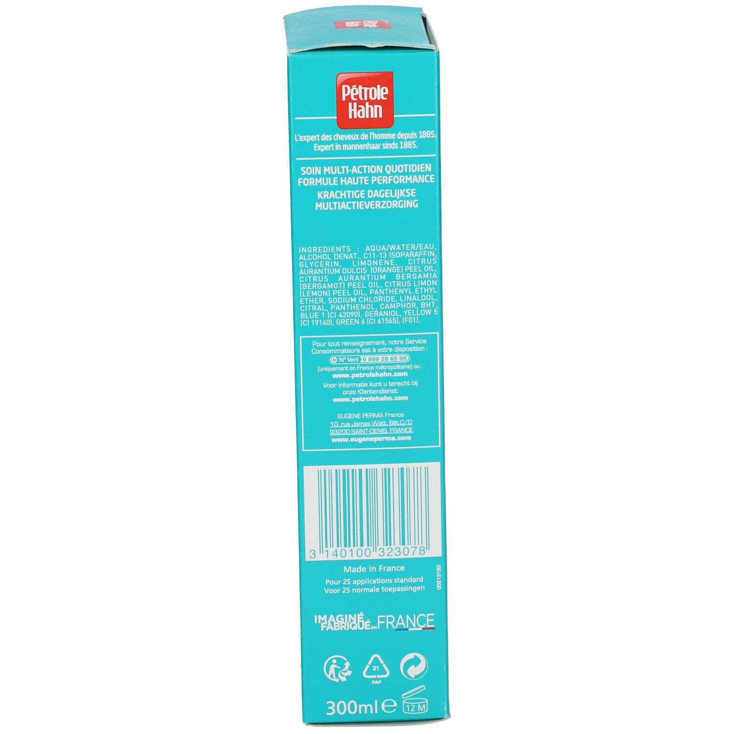 Zijkant van de doos met ingrediënten, fabrikanteninfo en barcode. Volume: 300ml. Gemaakt in Frankrijk.