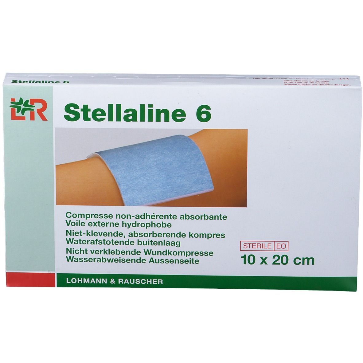 Boîte de Stellaline 6. Pansement bleu sur un bras. Dimensions : 10 x 20 cm. Stérile.
