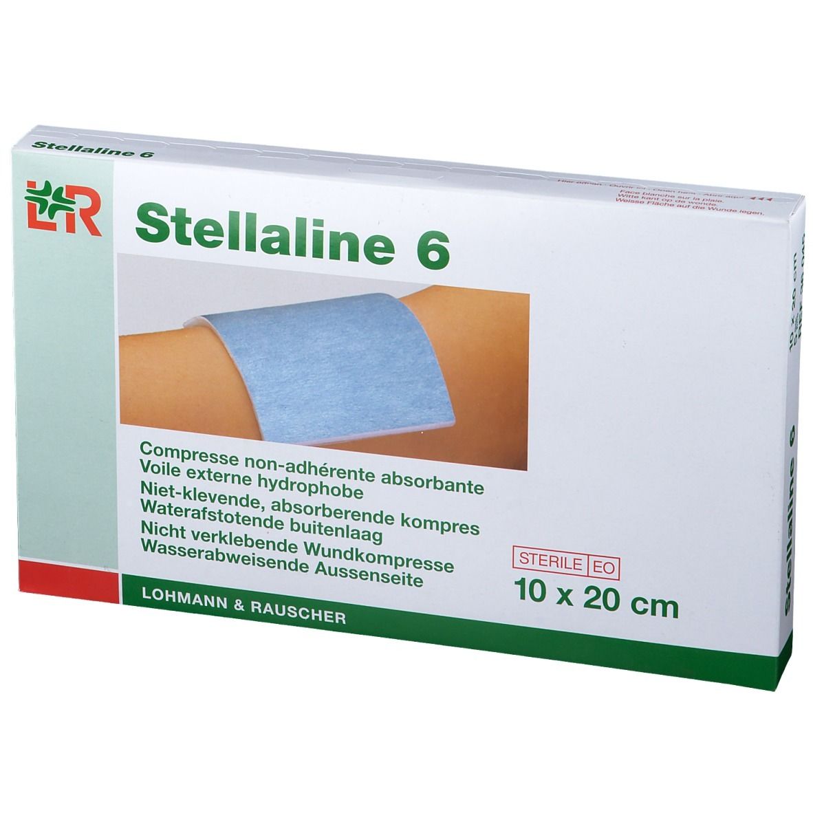 Boîte de Stellaline 6. Pansement bleu sur un bras. Dimensions : 10 x 20 cm. Stérile.