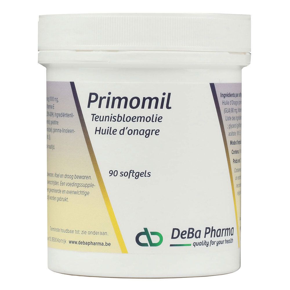 Witte pot met deksel. Opschrift: Primomil, Teunisbloemolie, Huile d'onagre. 90 softgels. DeBa Pharma logo.