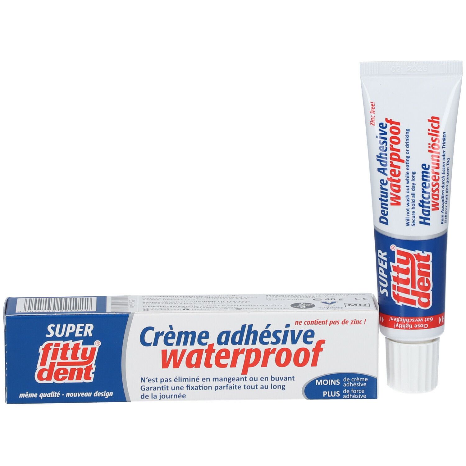 Verpakking en tube "fittydent super". Verpakking met "Crème adhésive waterproof". Tube met "Denture Adhesive waterproof".