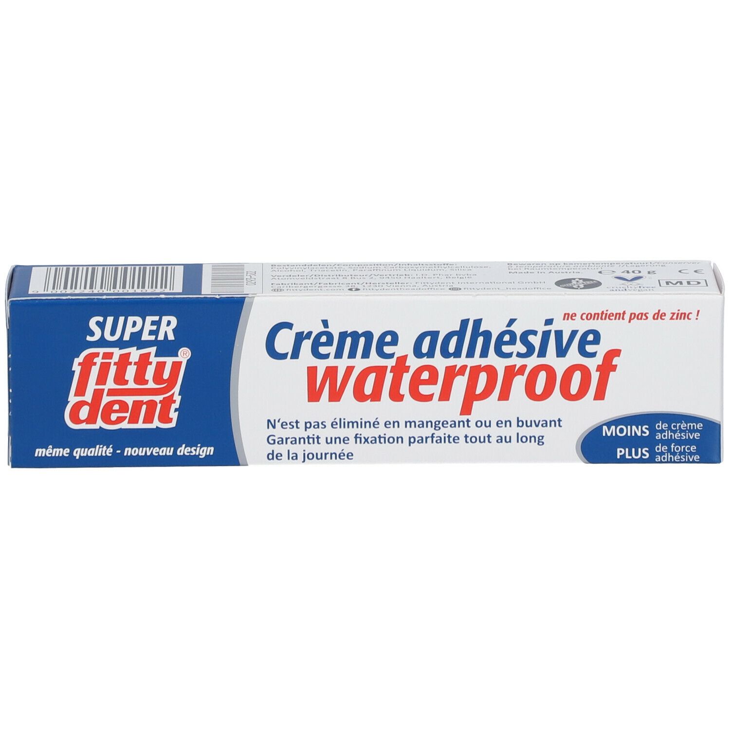Productverpakking "fittydent super". Opschrift "Crème adhésive waterproof". Bevat informatie over de kleefcrème.