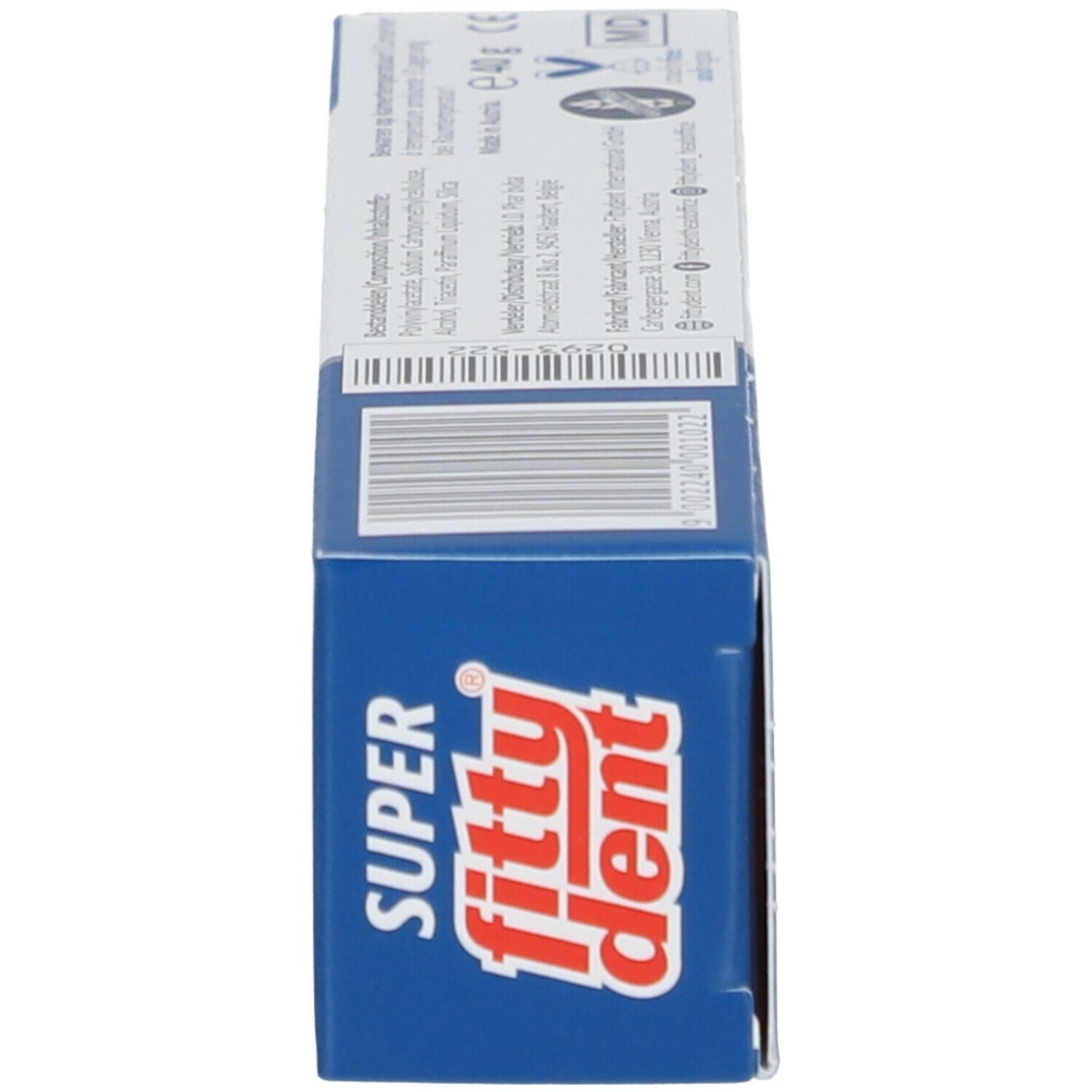 Zijaanzicht van de productverpakking "fittydent super". Het logo en de productnaam zijn duidelijk zichtbaar.