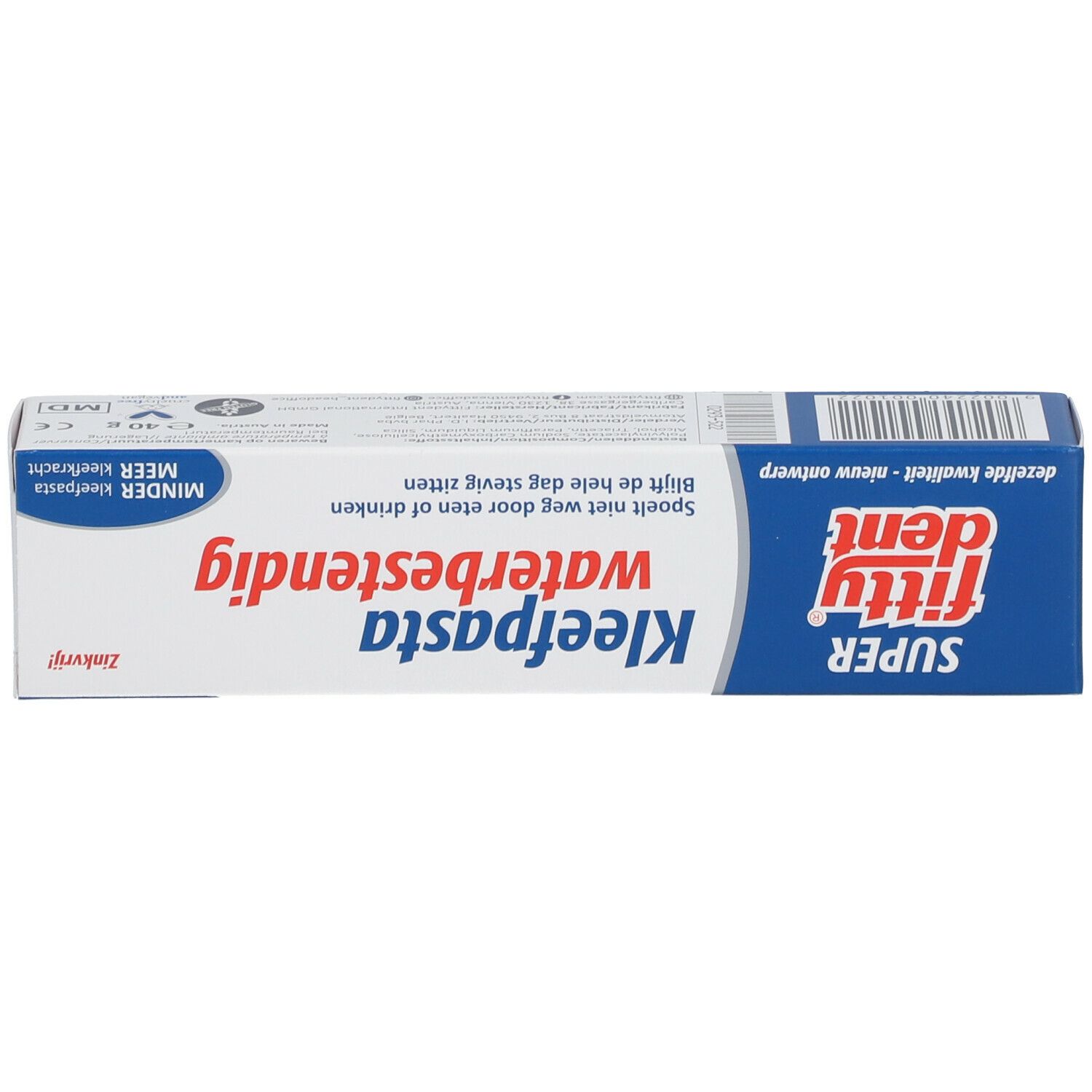 Productverpakking "fittydent super". Opschrift "Kleefpasta waterbestendig". Bevat informatie over de kleefpasta.