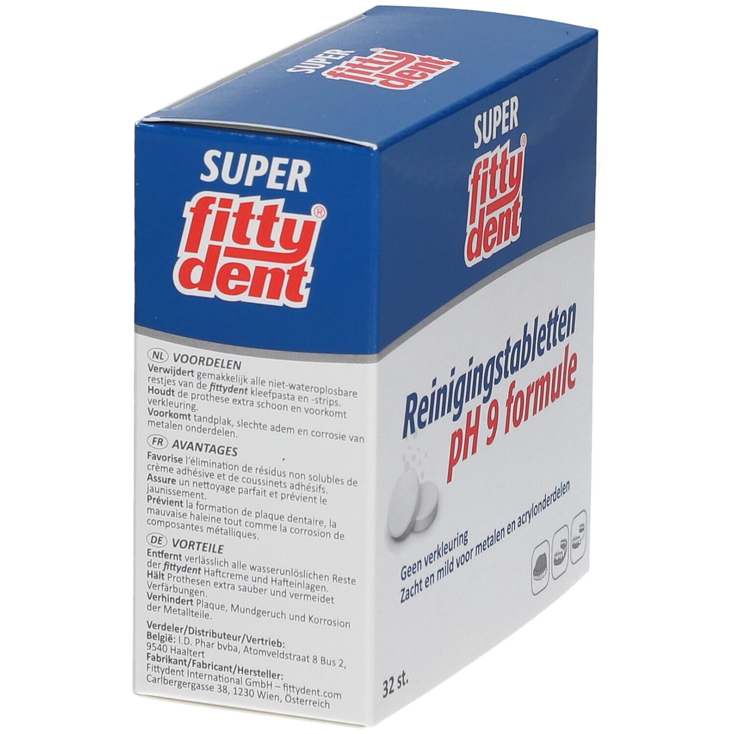 Boîte bleue et blanche avec logo "fittydent super". Texte : Comprimés nettoyants pH 9 formule. 32 pièces. Comprimés représentés. Vue détaillée.
