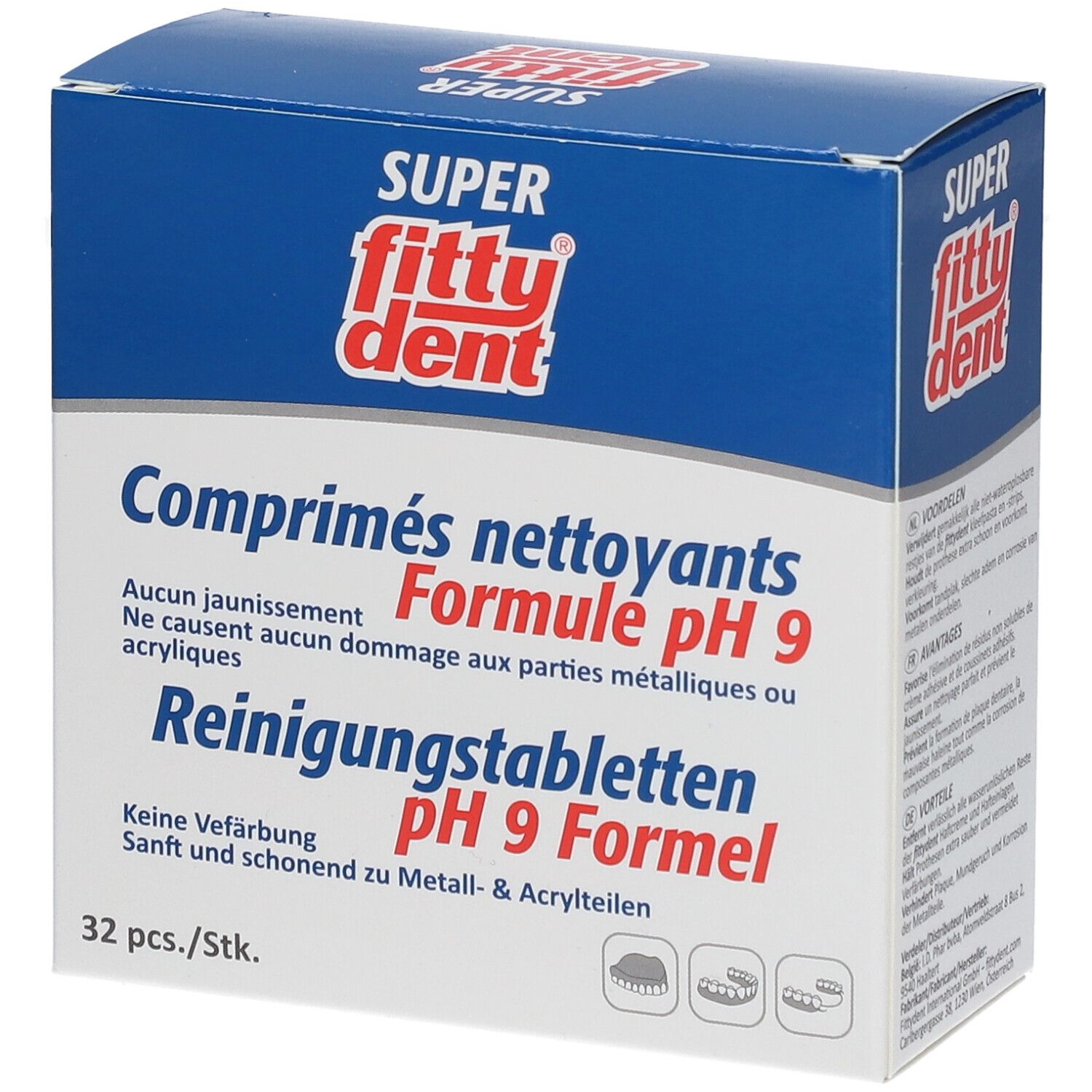 Boîte bleue et blanche avec logo "fittydent super". Texte : Comprimés nettoyants pH 9 formule. 32 pièces. Comprimés représentés. Multilingue.