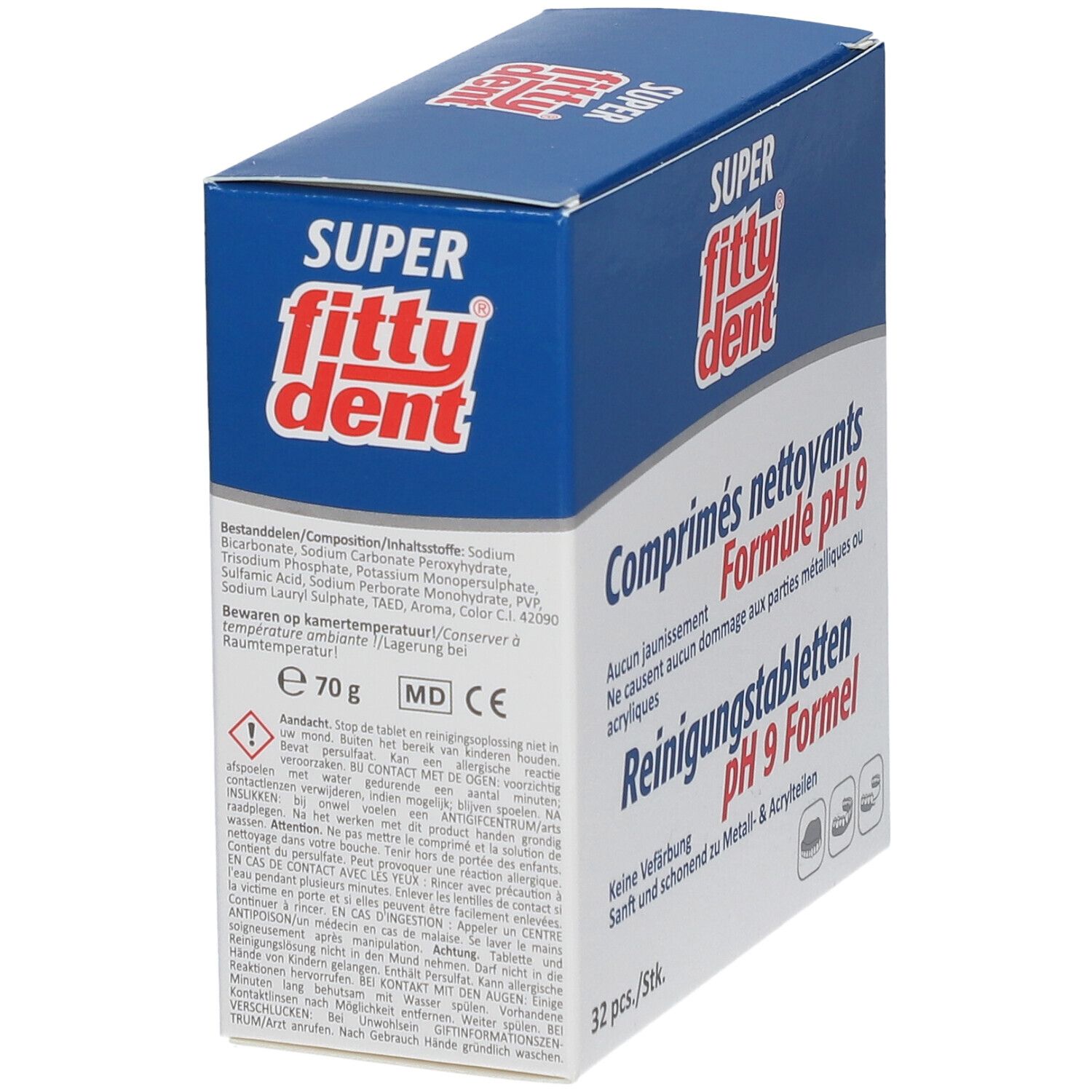 Boîte bleue et blanche avec logo "fittydent super". Texte : Comprimés nettoyants pH 9 formule. 32 pièces. Comprimés représentés. Ingrédients.