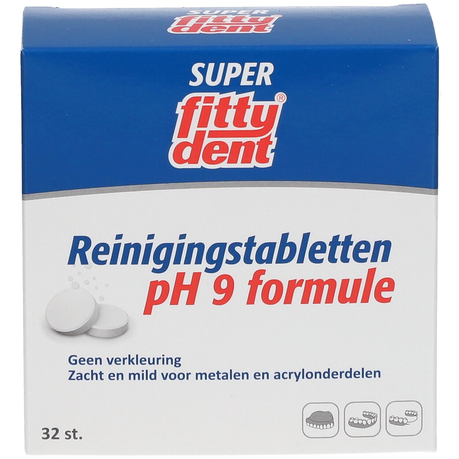 Boîte bleue et blanche avec logo "fittydent super". Texte : Comprimés nettoyants pH 9 formule. 32 pièces. Comprimés représentés.