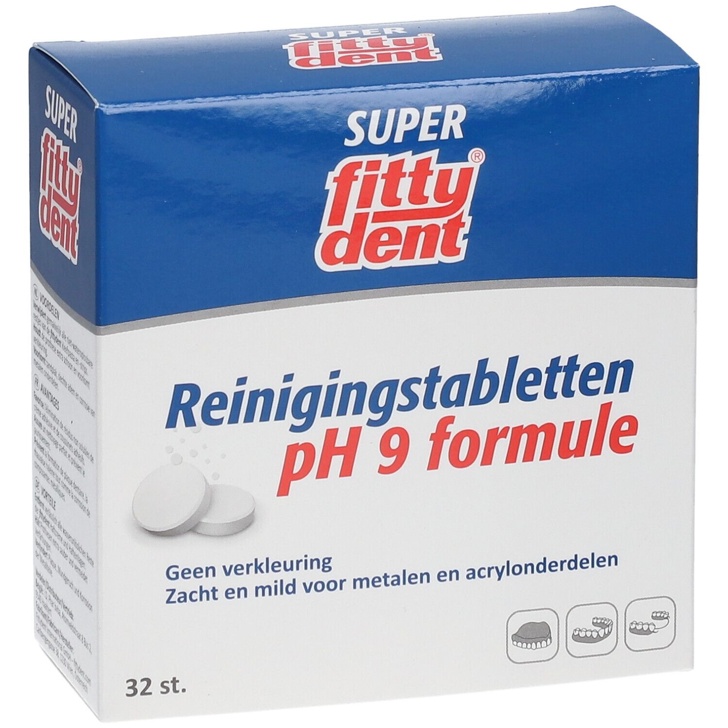 Boîte bleue et blanche avec logo "fittydent super". Texte : Comprimés nettoyants pH 9 formule. 32 pièces. Comprimés représentés.