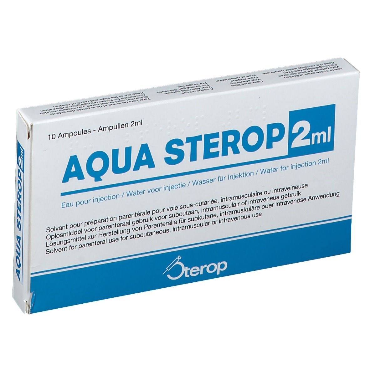Doos "AQUA STEROP 2ml". Blauw en witte verpakking. 10 ampullen. Meertalige tekst.