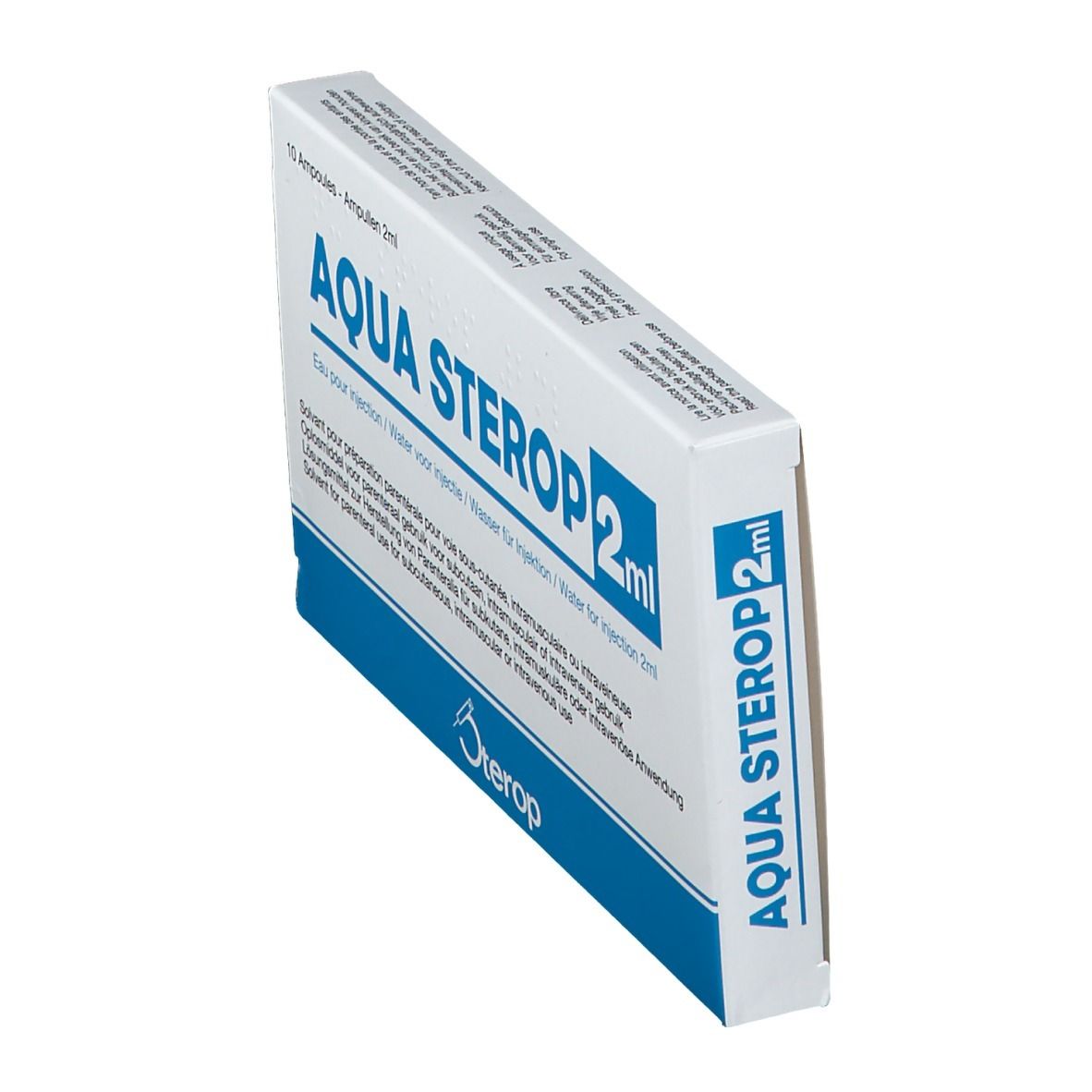 Schuine verpakking "AQUA STEROP 2ml". Blauw en witte doos. Logo "Sterop".